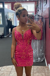 Misshow Sparkly Fuchsia Lace Up Back Tight Short Homecoming Dress/Mini Dress with Sequins